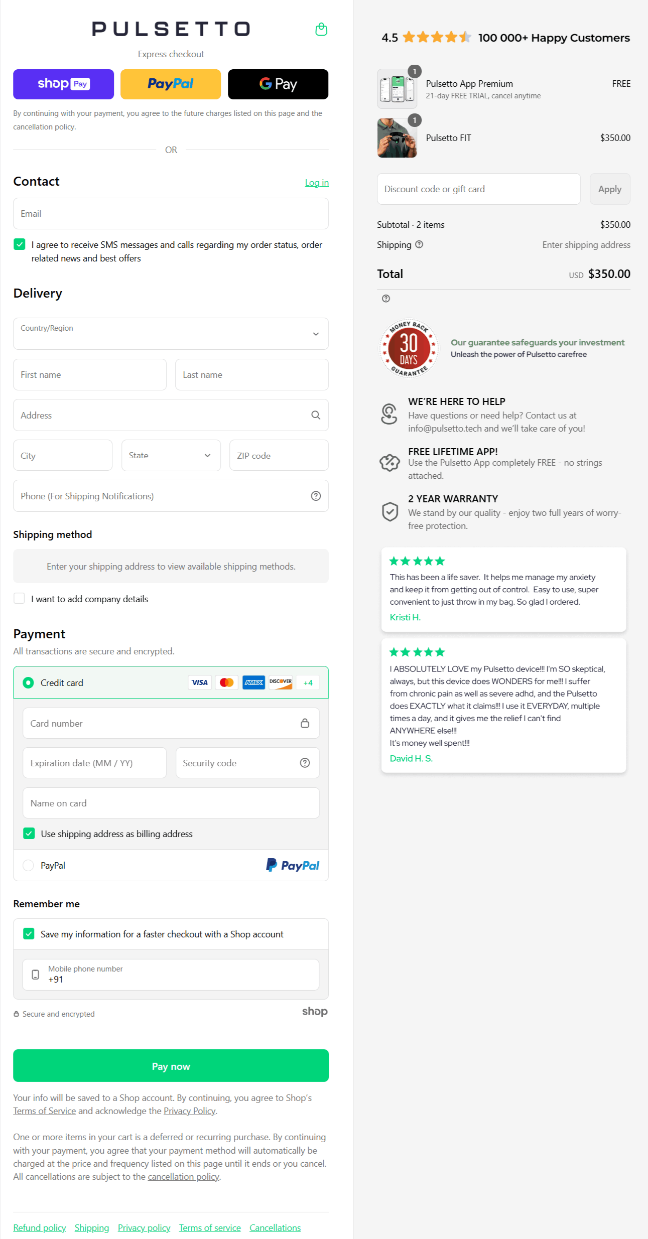 Pulsetto checkout page